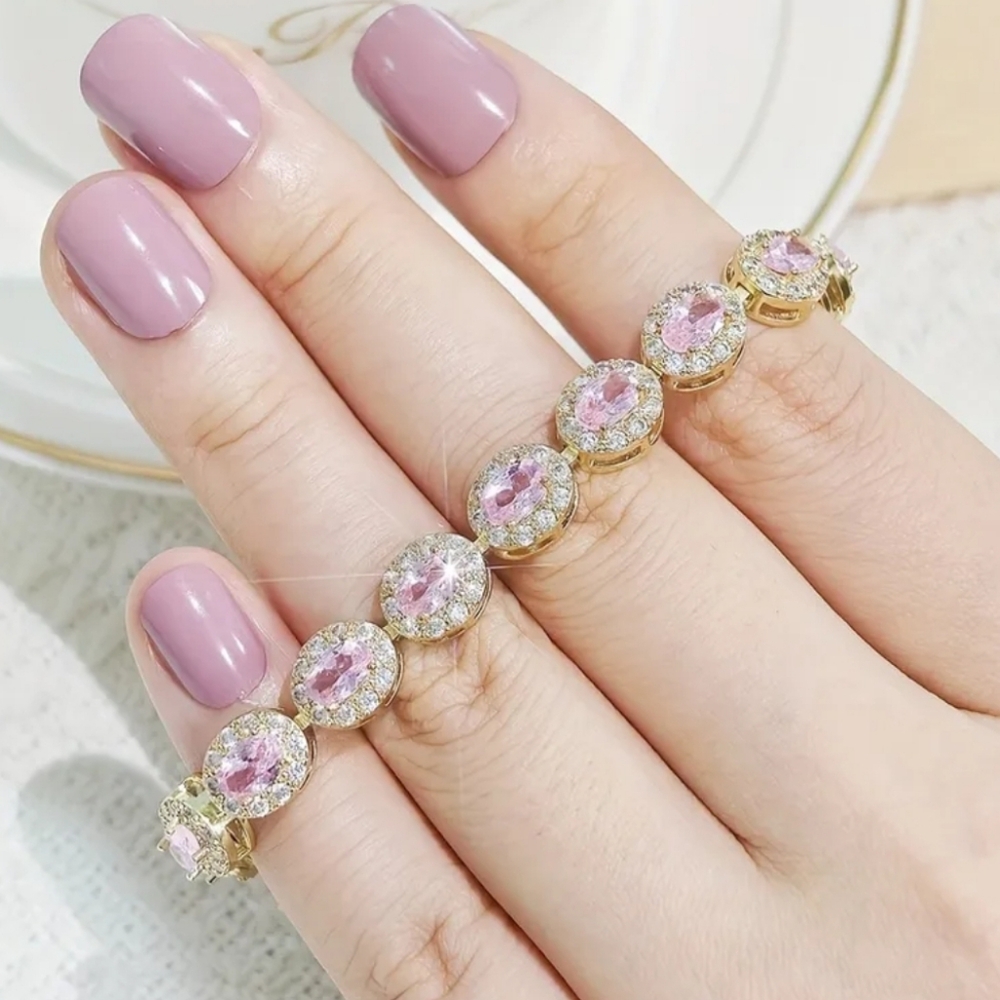 🆕️💎PINK ZIRCON OVAL TENNIS BRACELET - GOLD TONE💎 - Picture 7 of 10